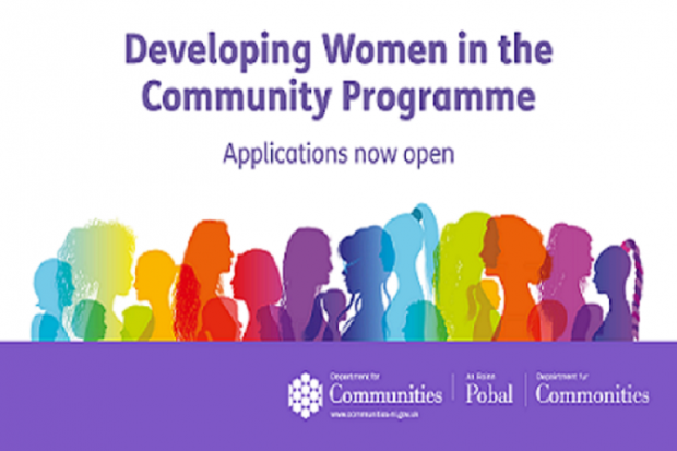 Infographic with the following wording: Developing Women in the Community Programme applications now open