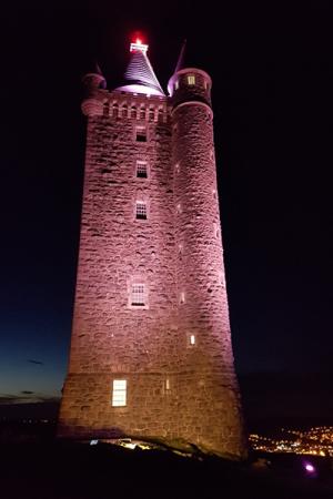 Scrabo Tower floodlit mainly using lamps set off the tower itself