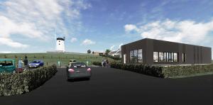 Computer generated image of the project show the new visitor centre/café, the car park and the landscaping works at the windmill