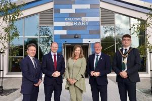 Libraries NI Chief Executive Dr Jim O’Hagan, Gordon Lyons, Communities Minister,  Bonnie Anley, Chairperson of Libraries NI, Conor Murphy, Economy Minister and Mayor Ciarán McQuillan