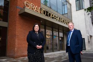 Communities Minister Deirdre Hargey is pictured outside the Grand Opera House with Colin Loughran, Chairman Grand Opera House Trust