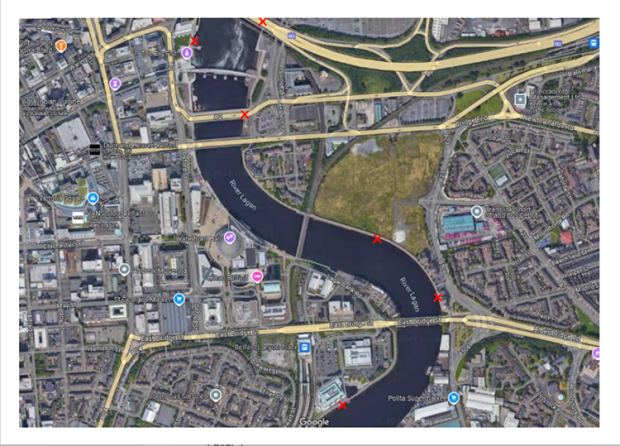 Aerial photo of the River Lagan with diving locations marked in red