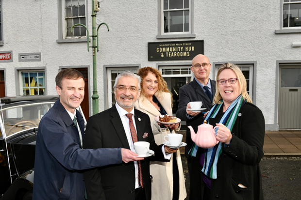 Opening at Ederney Village Catalyst 17 Nov. 2023 L-R Matthew Mckeague (Chief Exec AHF) Mukesh Sharma (Chair NLHF NI), Teresa O’Neill (Rural Affairs DAERA) Brian McKervey (Acting Director HED), Dr Anne Monaghan Ederney Community Development Trust